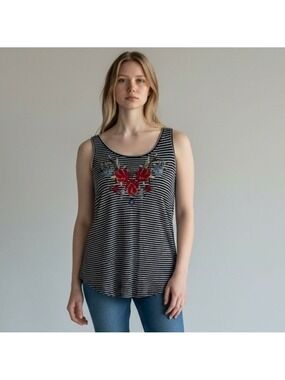 American Eagle tank top floral embroidered black white horizontal striped size s